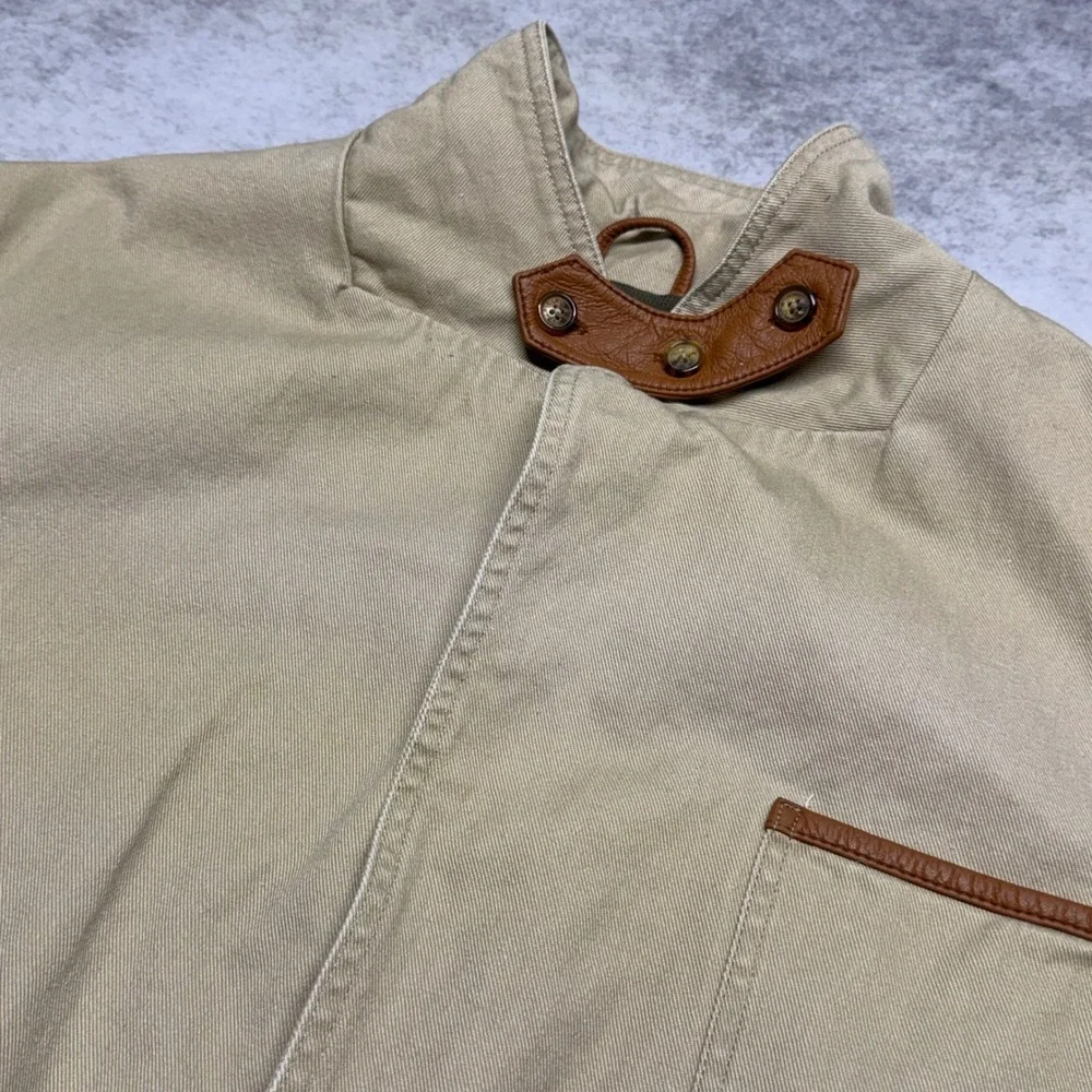 VTG Orvis Zambezi Twill Safari Field Jacket Mens 46L Tan Leather Elbow Patches